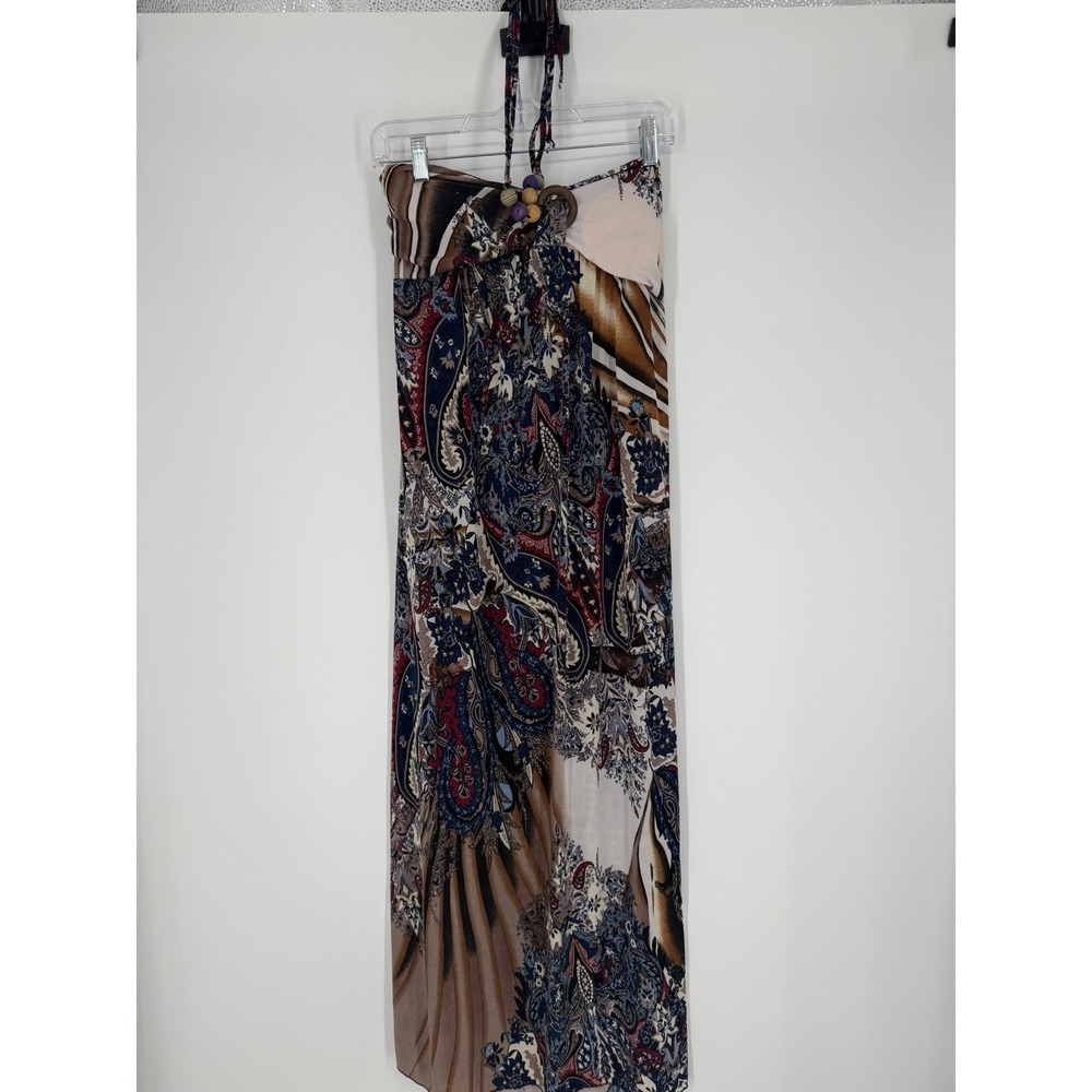 Womens Silk Blend Halter Maxi‎ Dress Large Paisley Boho Summer Resort Wear Beach